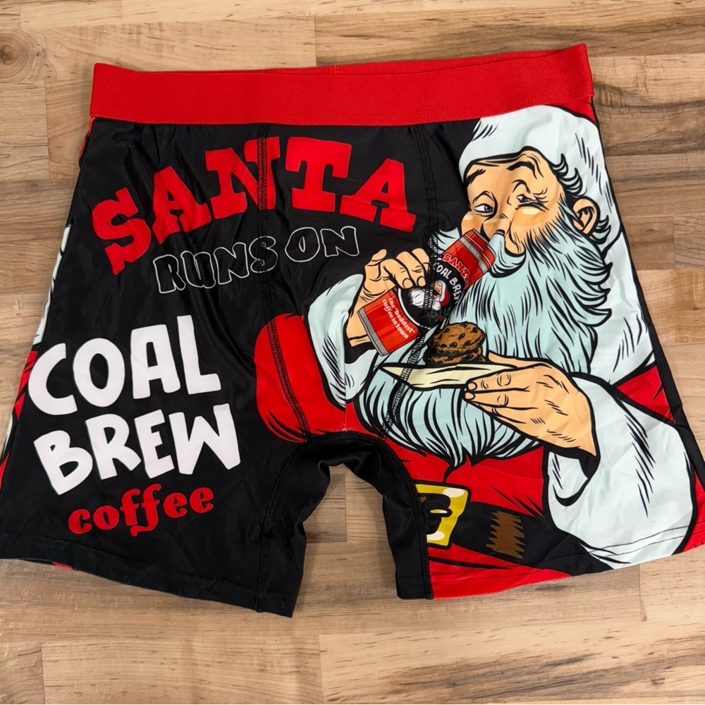 NWOT Santa Runs On Coffee Boxer Briefs L 36 38 Free Play Fun Christmas Underwear